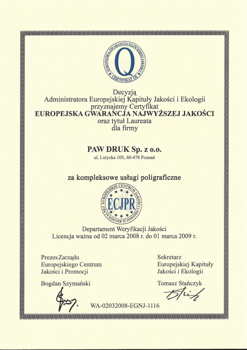 Certyfikat Drukarnia Paw Druk
